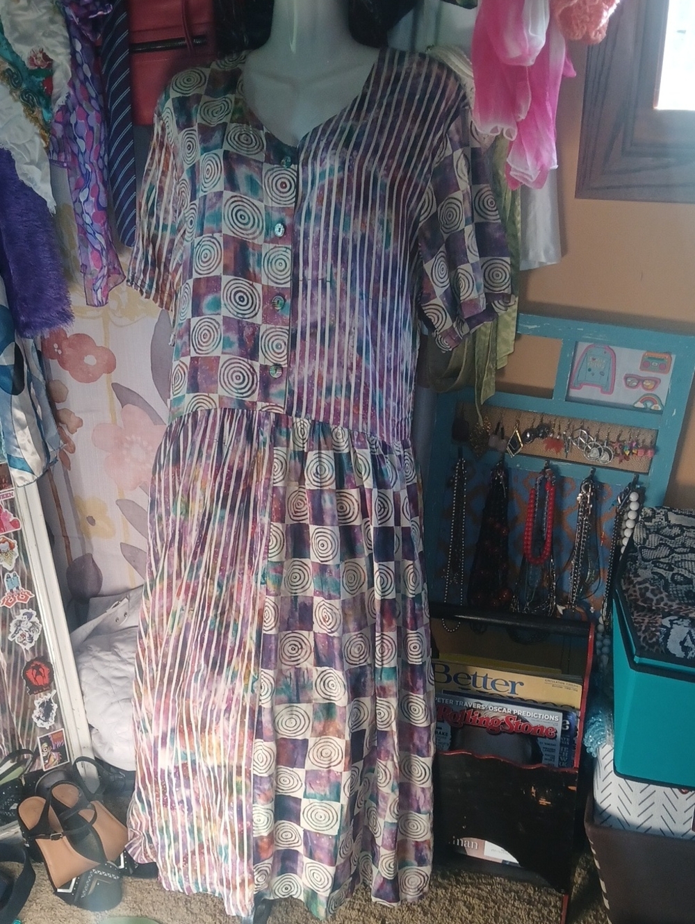 Pier 1 Imports 90s Vintage Passport Rayon Maxi Dress with Geometric Swirl Print